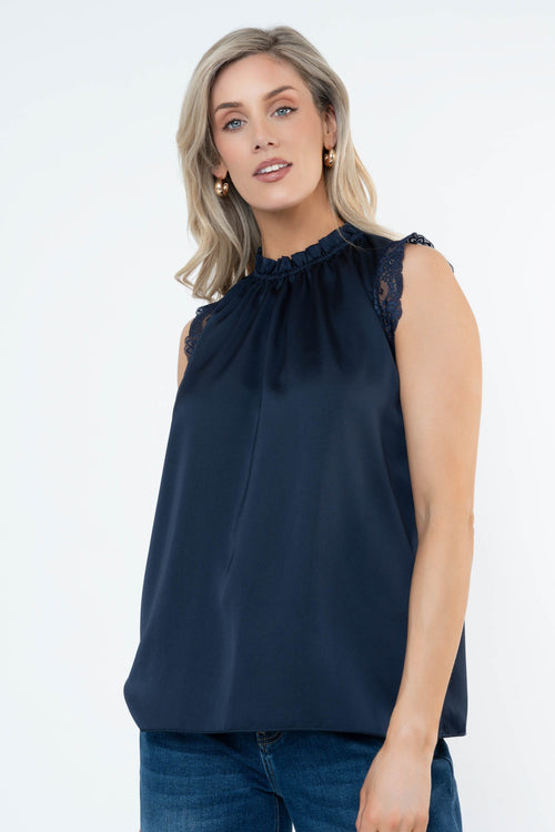 Navy Sateen High Neck Sleeveless Top