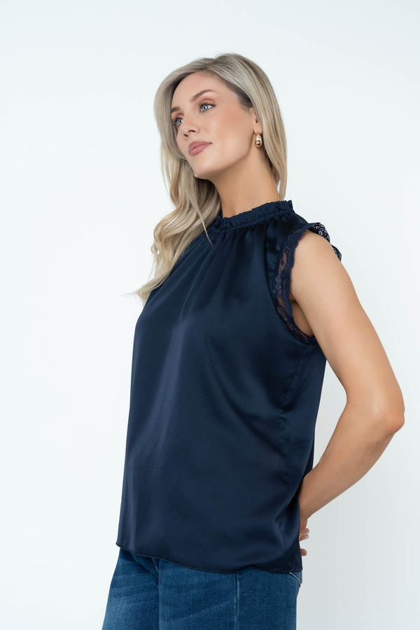 Carraig Donn Navy Sateen High Neck Sleeveless Top