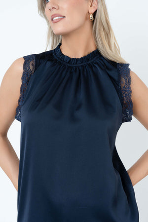 Carraig Donn Navy Sateen High Neck Sleeveless Top