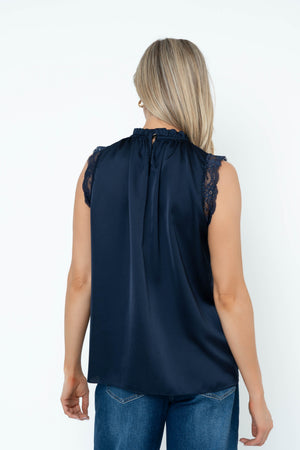 Carraig Donn Navy Sateen High Neck Sleeveless Top
