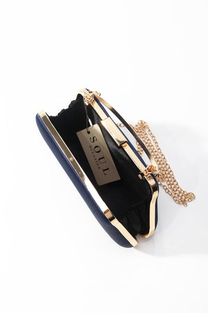 Carraig Donn Navy Satin Gold Chain Clutch Bag