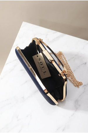 Carraig Donn Navy Satin Gold Chain Clutch Bag
