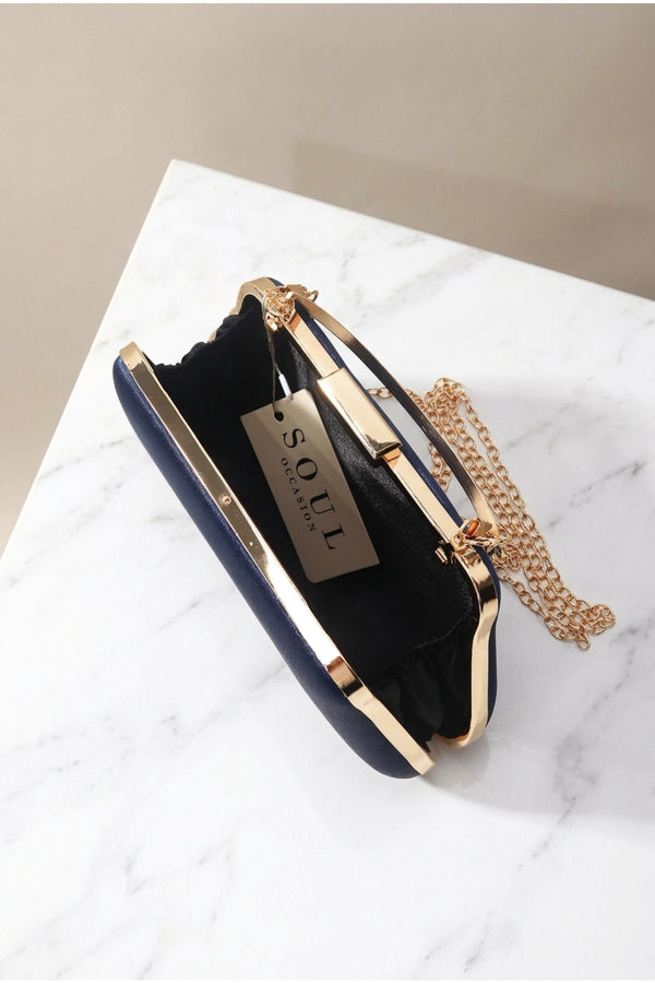 Carraig Donn Navy Satin Gold Chain Clutch Bag
