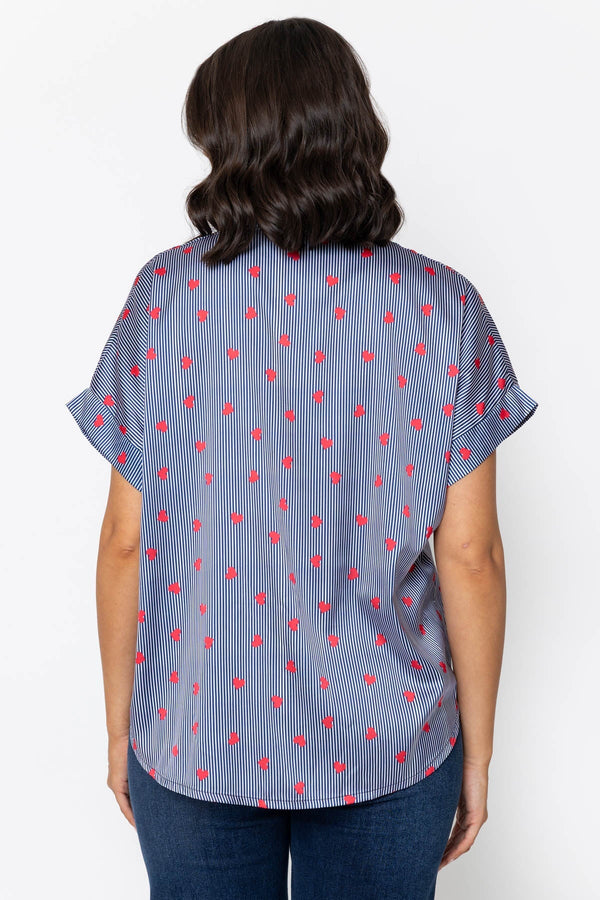 Carraig Donn Navy Short Sleeve Sateen Collarless Blouse