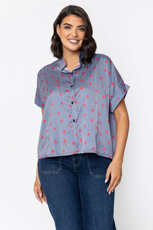 Carraig Donn Navy Short Sleeve Sateen Collarless Blouse