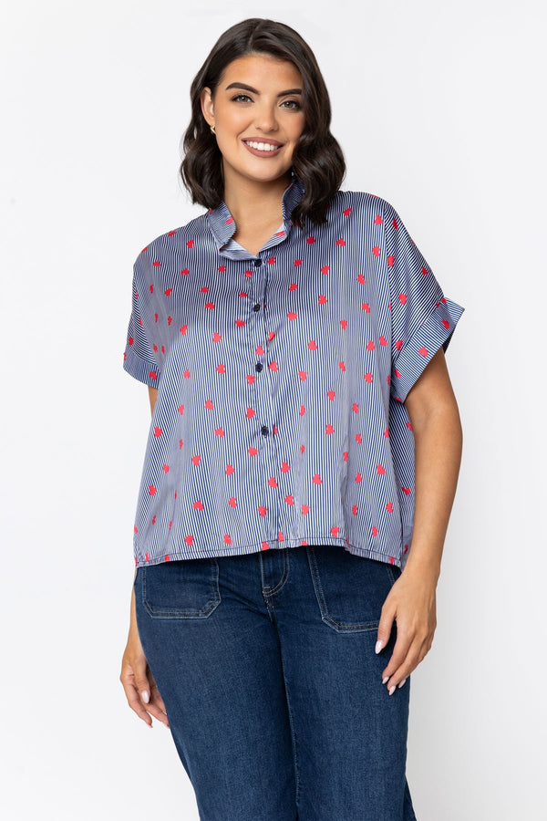 Carraig Donn Navy Short Sleeve Sateen Collarless Blouse