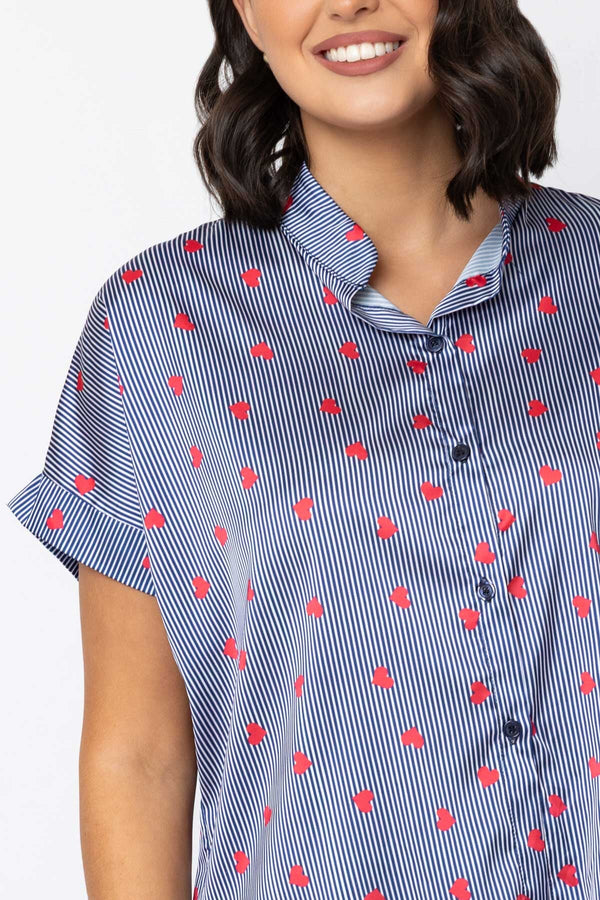Carraig Donn Navy Short Sleeve Sateen Collarless Blouse