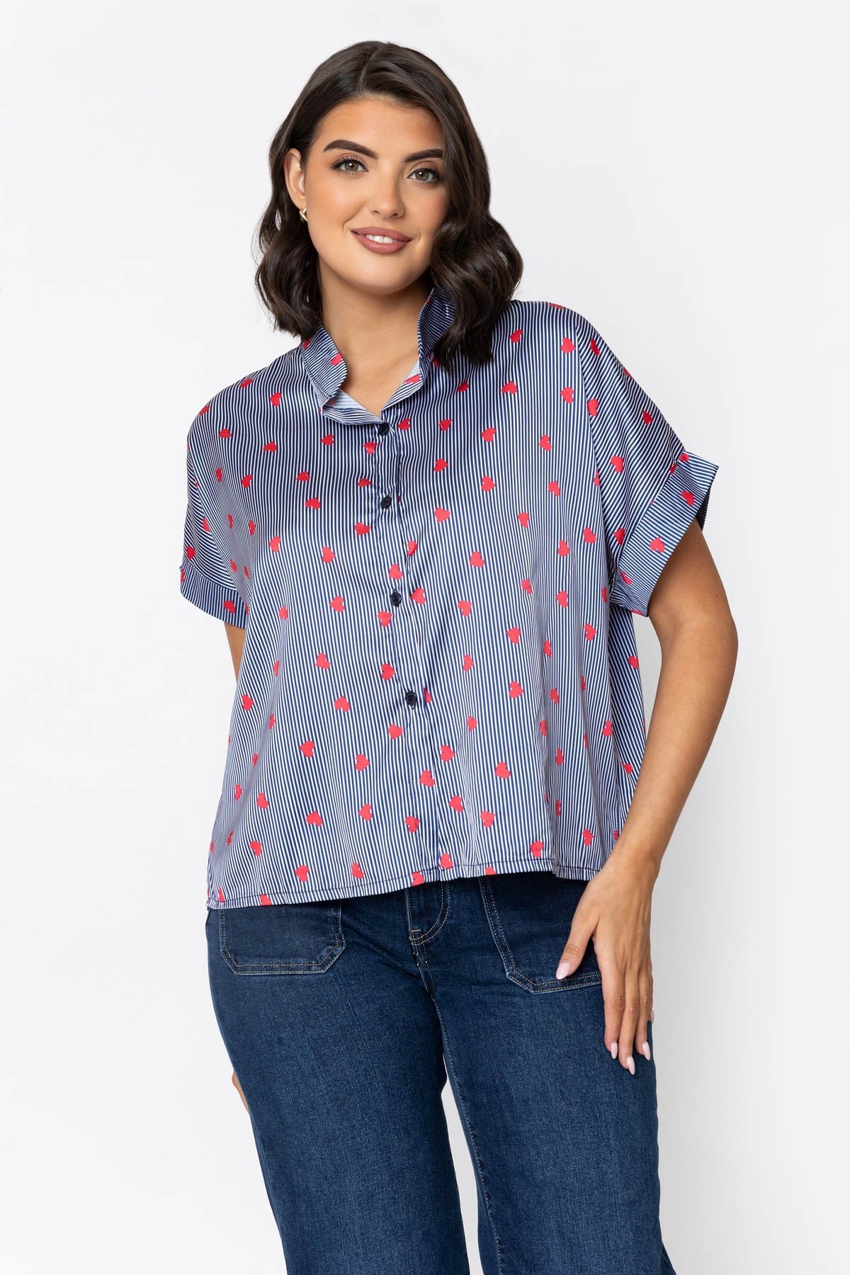 Navy Short Sleeve Sateen Collarless Blouse