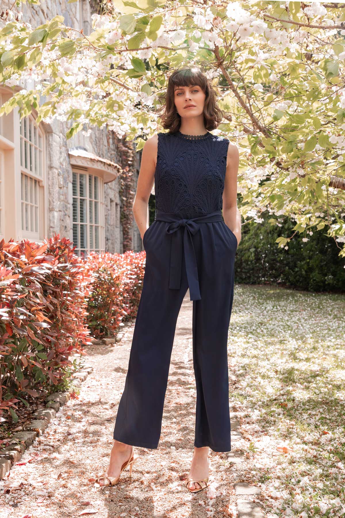 Navy Sleeveless Lace Detail Jumpsuit