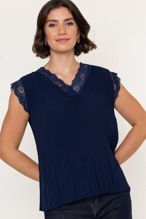 Carraig Donn Navy Sleeveless Lace Trim Pleat Top