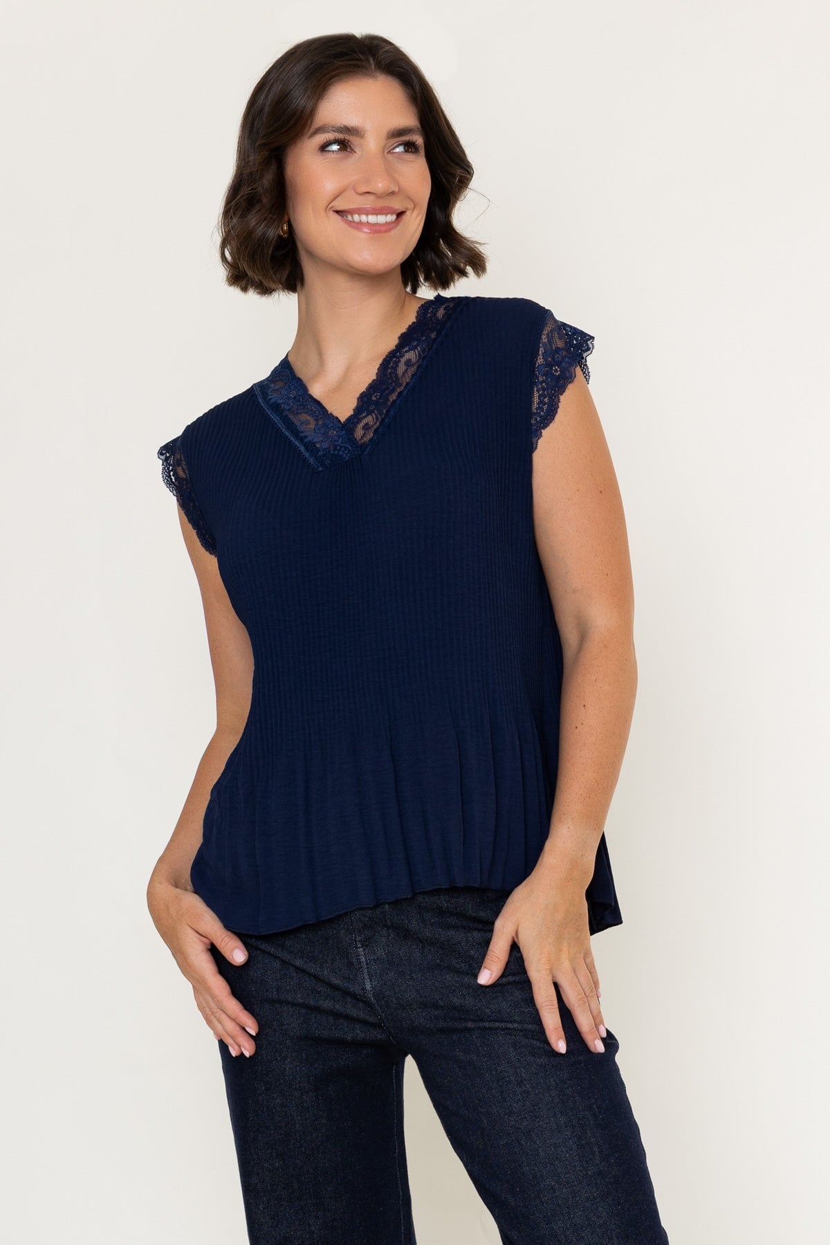 Navy Sleeveless Lace Trim Pleat Top