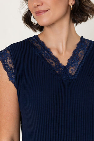 Carraig Donn Navy Sleeveless Lace Trim Pleat Top