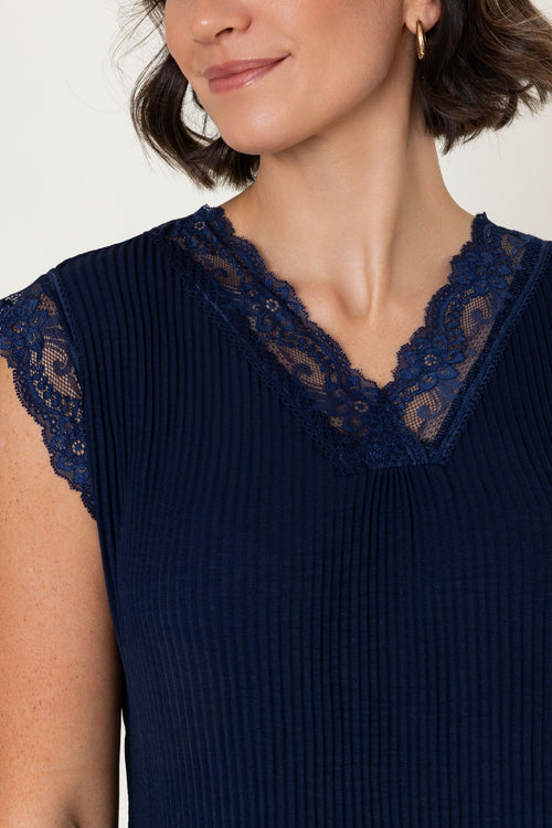 Carraig Donn Navy Sleeveless Lace Trim Pleat Top