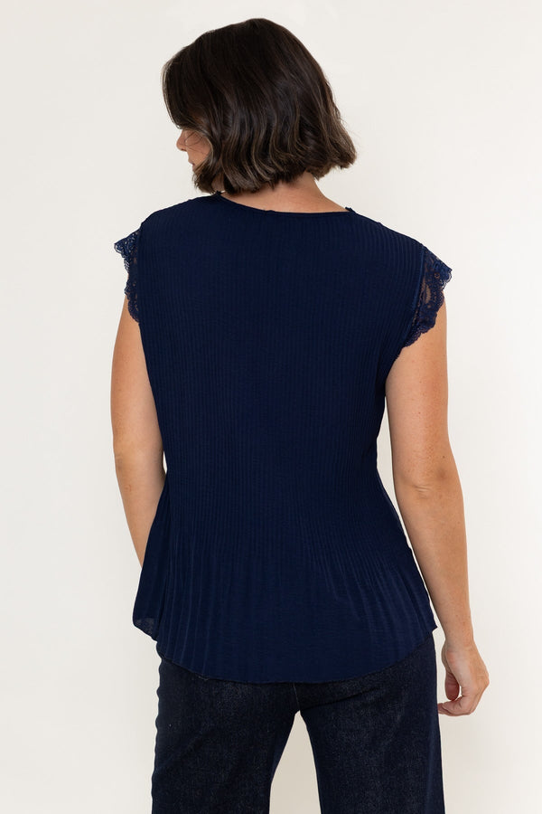 Carraig Donn Navy Sleeveless Lace Trim Pleat Top