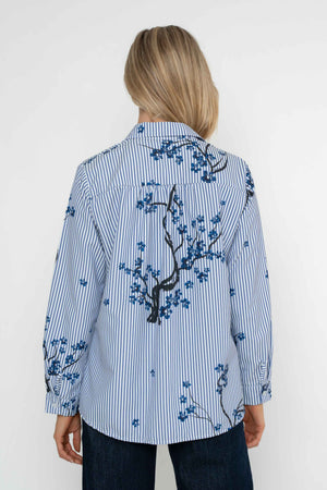Carraig Donn Navy Stripe Floral Print Cotton Blend Oversized Long Sleeve Shirt