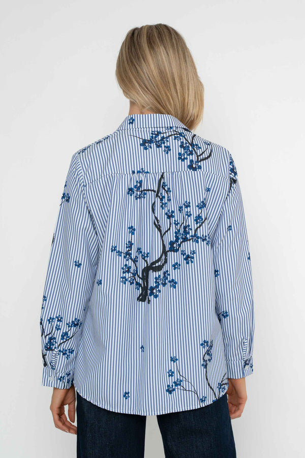 Carraig Donn Navy Stripe Floral Print Cotton Blend Oversized Long Sleeve Shirt