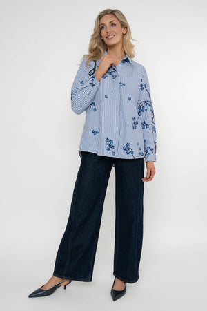 Carraig Donn Navy Stripe Floral Print Cotton Blend Oversized Long Sleeve Shirt