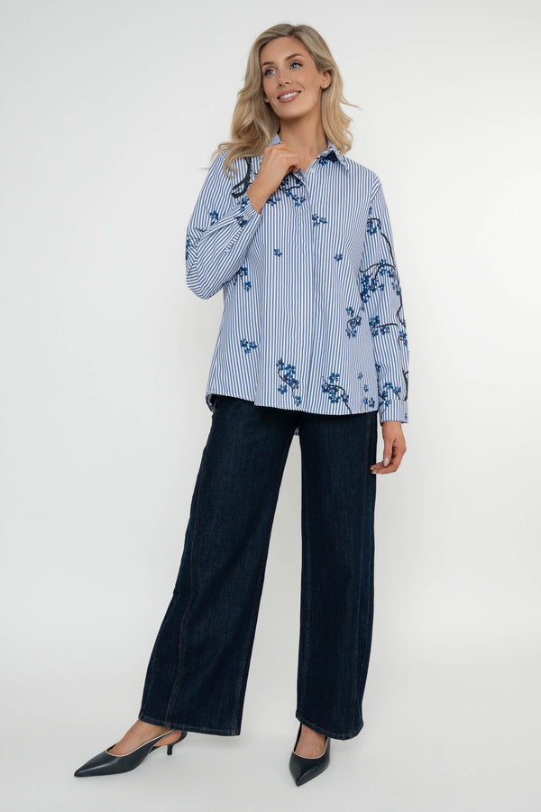 Carraig Donn Navy Stripe Floral Print Cotton Blend Oversized Long Sleeve Shirt