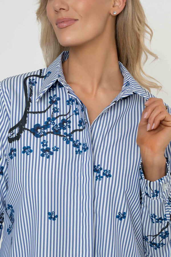Carraig Donn Navy Stripe Floral Print Cotton Blend Oversized Long Sleeve Shirt
