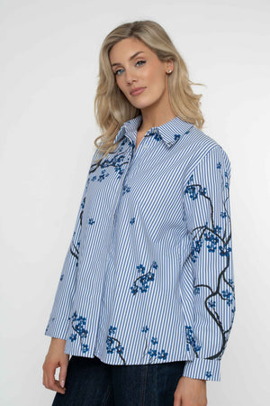 Carraig Donn Navy Stripe Floral Print Cotton Blend Oversized Long Sleeve Shirt
