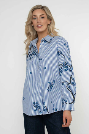 Carraig Donn Navy Stripe Floral Print Cotton Blend Oversized Long Sleeve Shirt