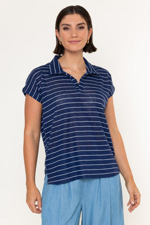 Carraig Donn Navy Stripe Polo Short Sleeve Top