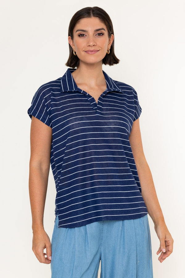 Carraig Donn Navy Stripe Polo Short Sleeve Top