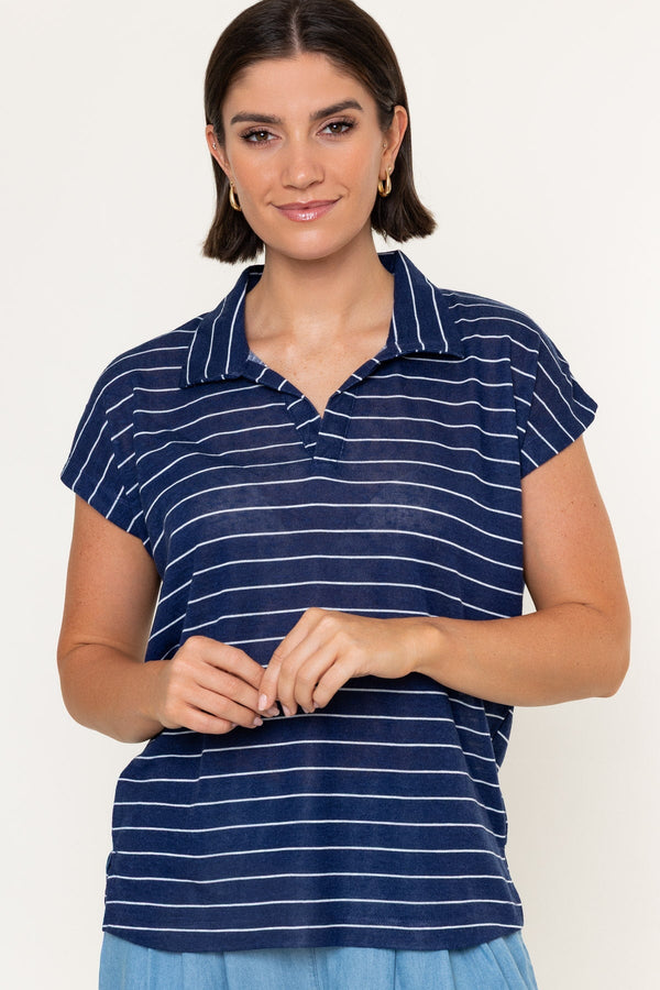Carraig Donn Navy Stripe Polo Short Sleeve Top