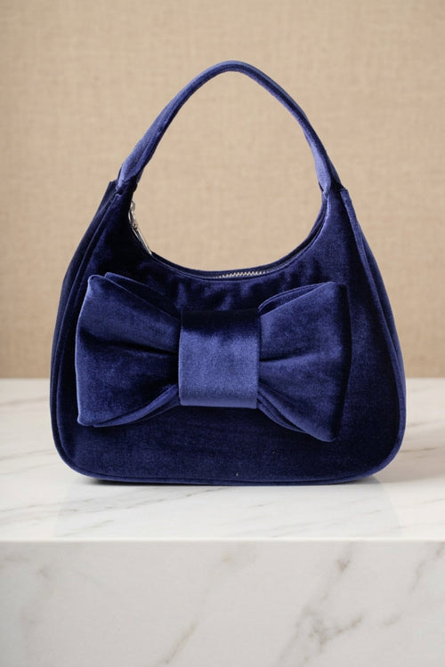 Navy Velvet Bow Detail Mini Hobo Bag