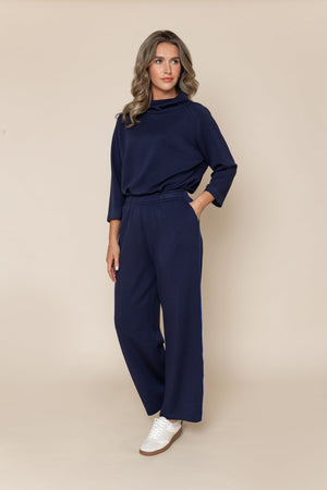 Carraig Donn Navy Viscose Blend Wide Leg Side Stripe High Waist Trousers