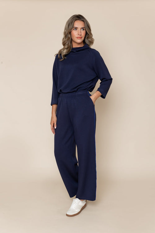 Carraig Donn Navy Viscose Blend Wide Leg Side Stripe High Waist Trousers