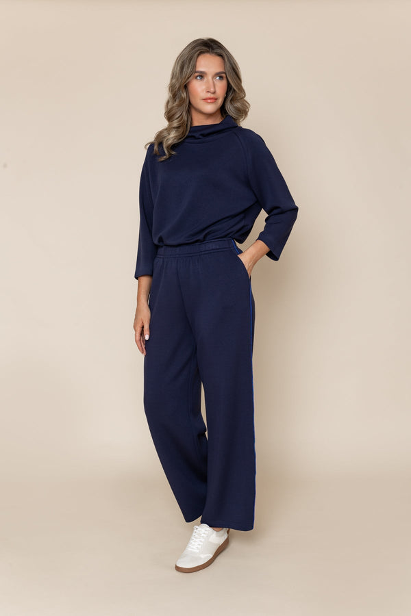 Carraig Donn Navy Viscose Blend Wide Leg Side Stripe High Waist Trousers