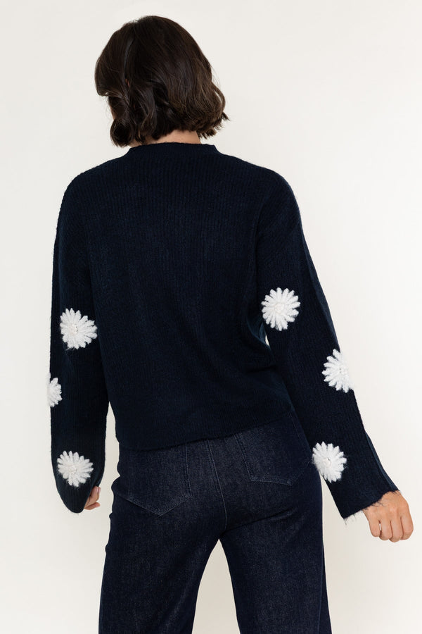 Carraig Donn Navy & White Floral Applique Knitted Round Neck Long Sleeve Jumper