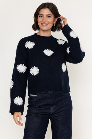 Carraig Donn Navy & White Floral Applique Knitted Round Neck Long Sleeve Jumper