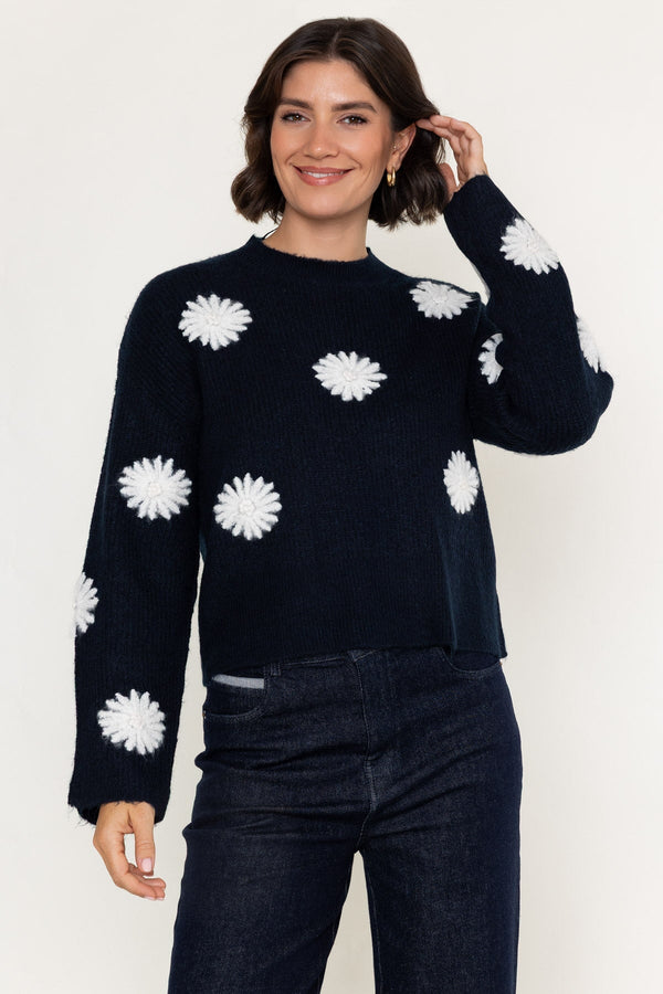 Carraig Donn Navy & White Floral Applique Knitted Round Neck Long Sleeve Jumper