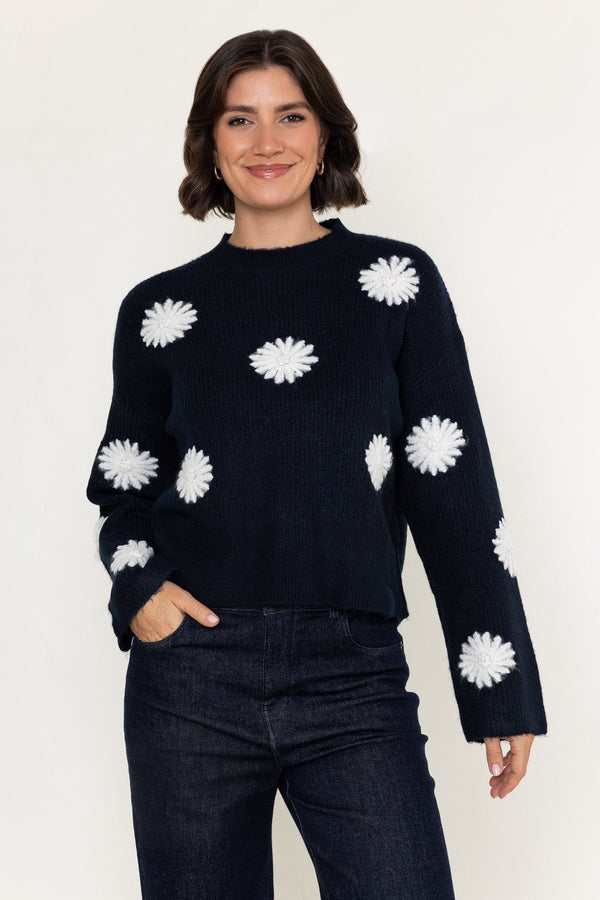 Carraig Donn Navy & White Floral Applique Knitted Round Neck Long Sleeve Jumper