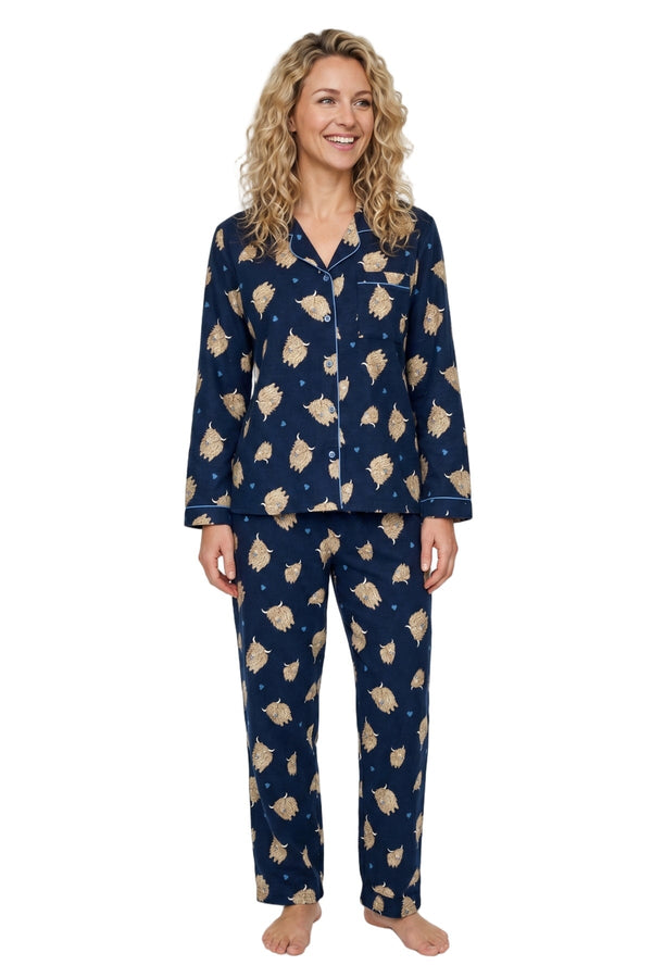 Carraig Donn Navy Wincey Cotton Highland Cow Print Long Sleeve Pyjama Set