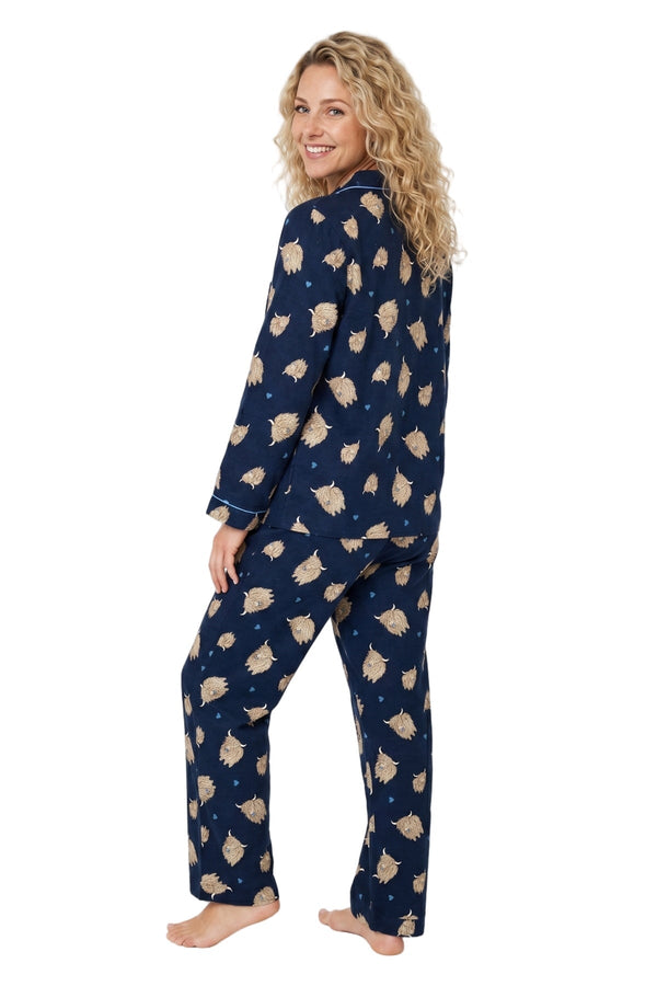 Carraig Donn Navy Wincey Cotton Highland Cow Print Long Sleeve Pyjama Set
