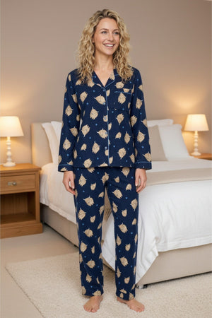 Carraig Donn Navy Wincey Cotton Highland Cow Print Long Sleeve Pyjama Set
