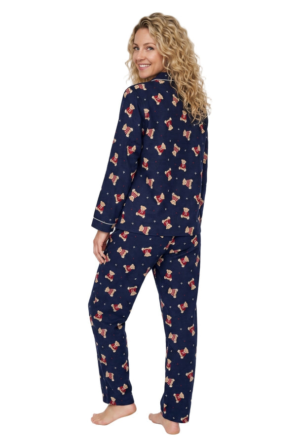 Carraig Donn Navy Wincey Cotton Teddy Bear Print Long Sleeve Pyjama Set