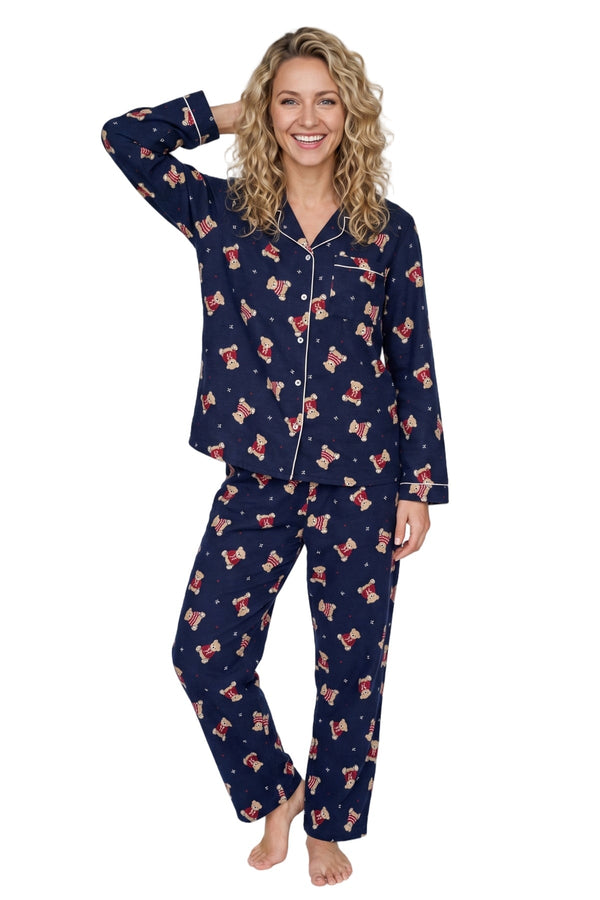 Carraig Donn Navy Wincey Cotton Teddy Bear Print Long Sleeve Pyjama Set