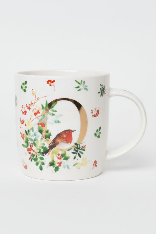 O Christmas Robin Leaf New Bone China Alphabet Mug