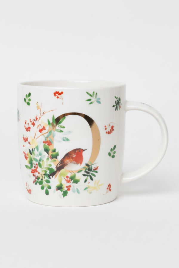 O Christmas Robin Leaf New Bone China Alphabet Mug