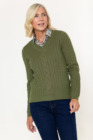 Carraig Donn Olive Cable Knit With Shirt Collar Long Sleeve Jumper