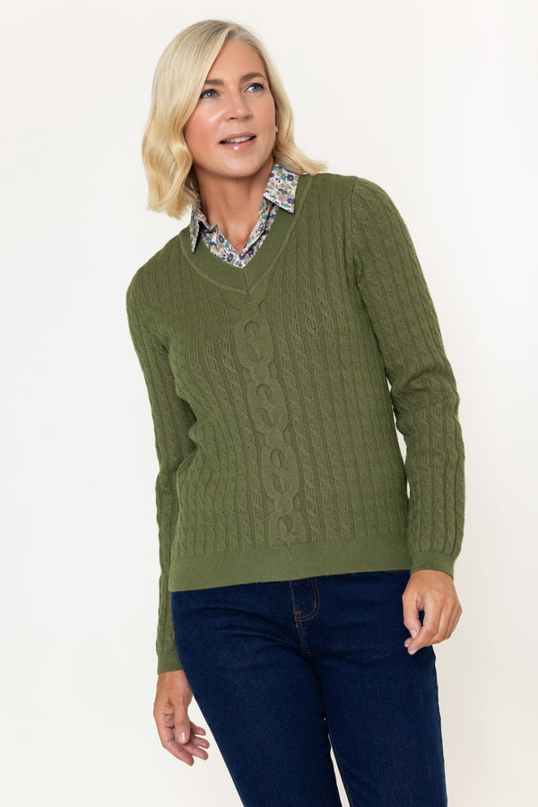 Carraig Donn Olive Cable Knit With Shirt Collar Long Sleeve Jumper