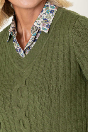 Carraig Donn Olive Cable Knit With Shirt Collar Long Sleeve Jumper
