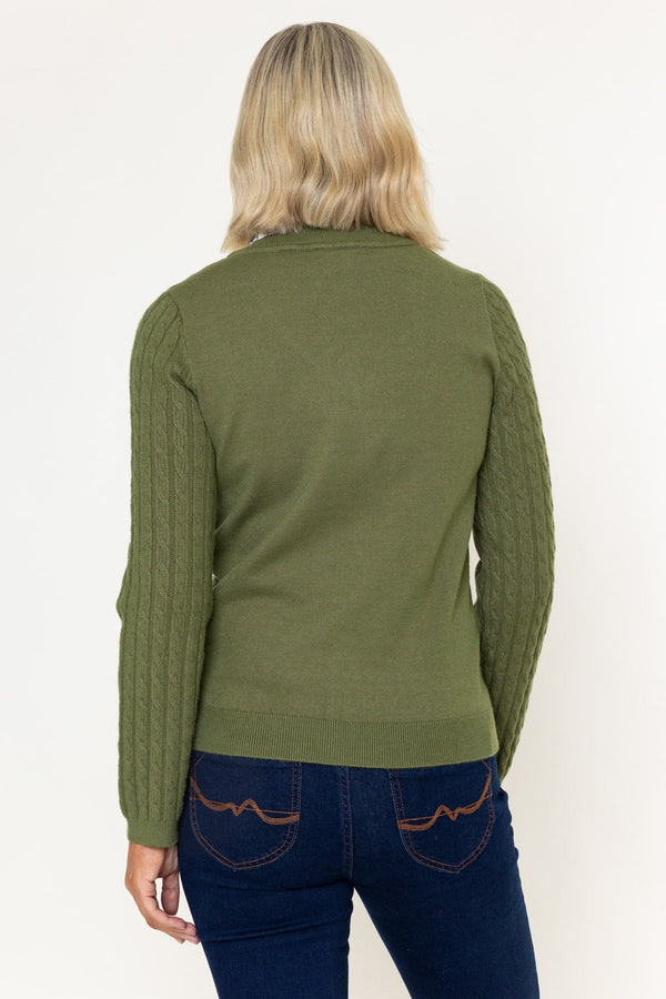 Carraig Donn Olive Cable Knit With Shirt Collar Long Sleeve Jumper