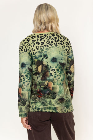 Carraig Donn Olive Green Animal Print Rivet Detail Long Sleeve Top