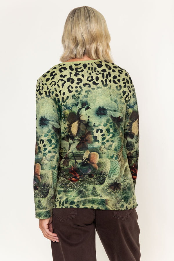 Carraig Donn Olive Green Animal Print Rivet Detail Long Sleeve Top