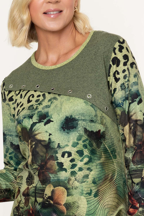 Carraig Donn Olive Green Animal Print Rivet Detail Long Sleeve Top